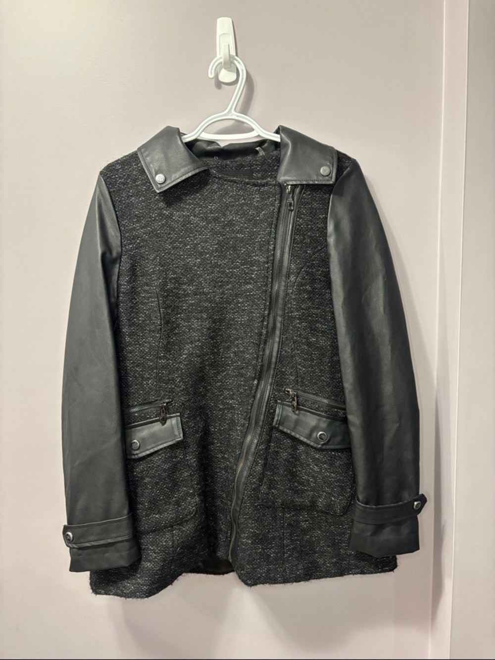 Steve Madden Mixed Media Moto Jacket Black Faux Leather Tweed Large
